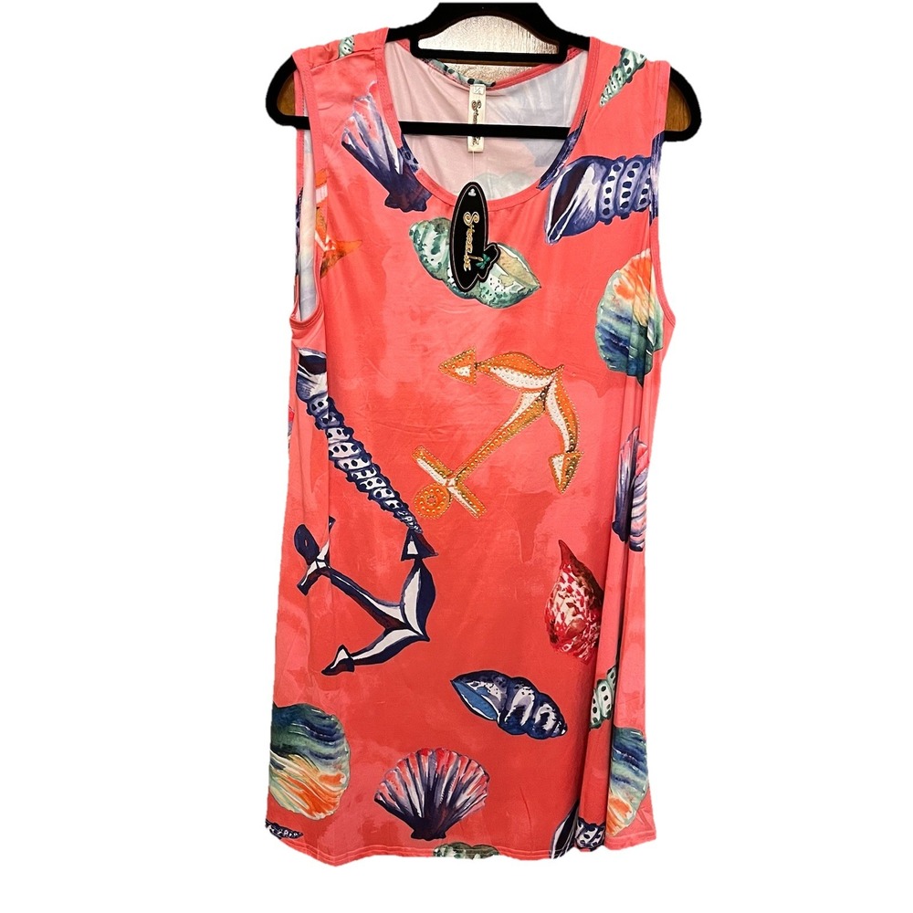 Shoreline Women's Dress Coral With Aquatic Design Gold Studded Anchor Sz L/XL - Picture 2 of 7